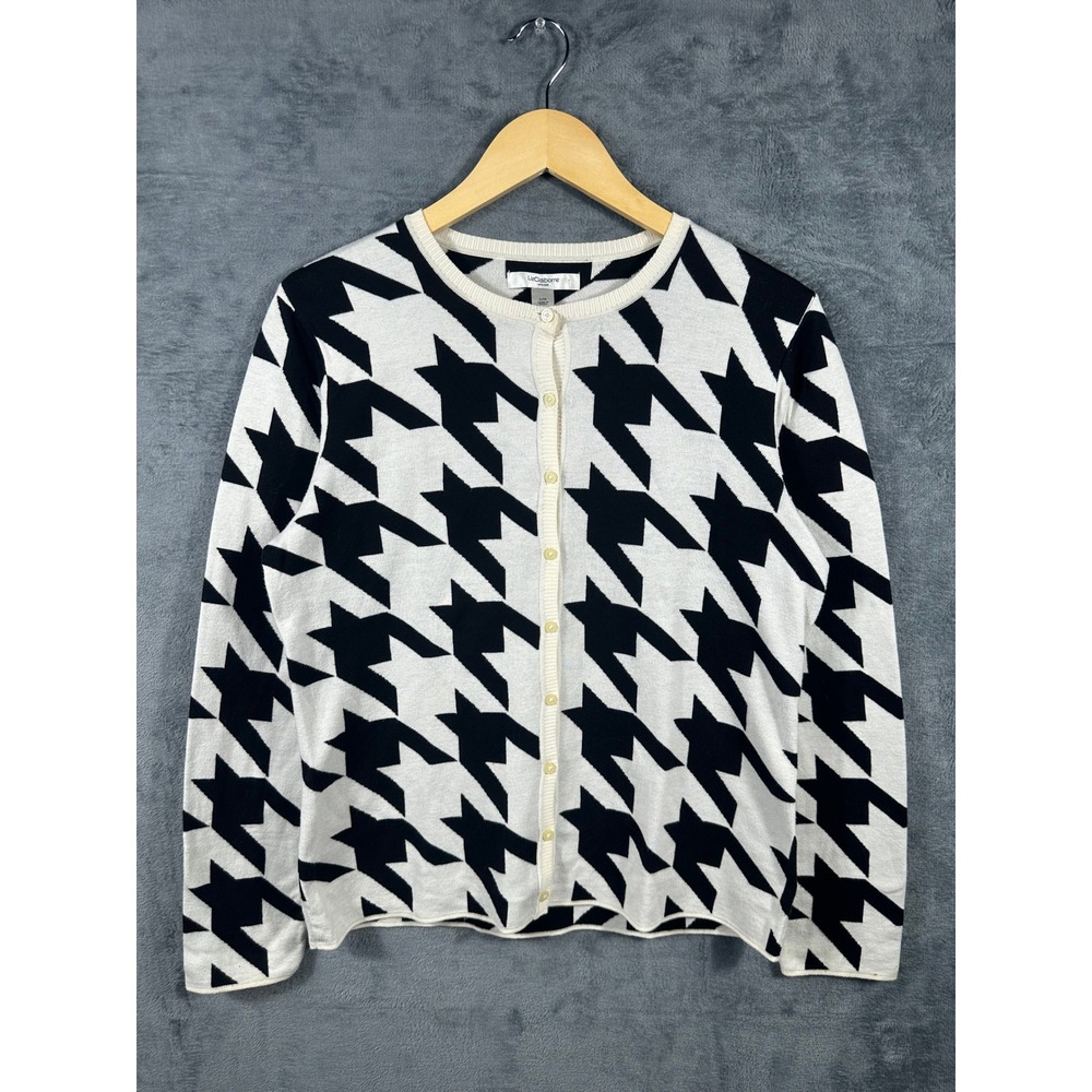 Liz Claiborne Giant Houndstooth Cardigan Womens L Black Cream Knit Sweater